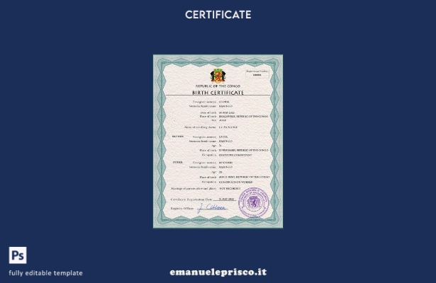 modello PSD del certificato di nascita dello stato di stato civile del Congo (Re